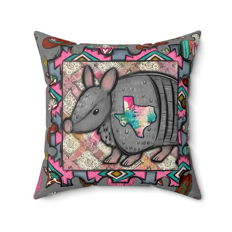Armadillo with Texas Patch Pillow Southwestern Cowboy Pattern Pillow 100% Spun Polyester Double-Sided Print with Vivid Artwork for Western Decor