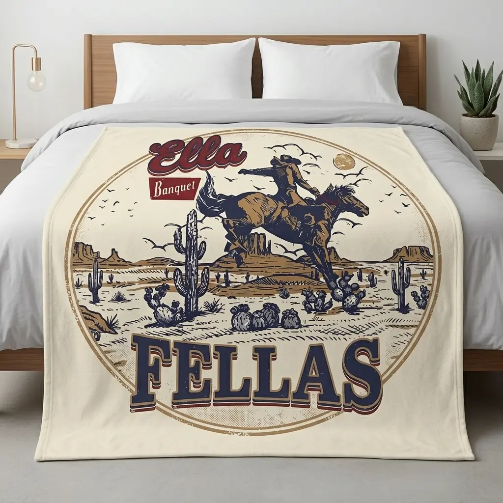 Ello Fellas Banquet Vintage Western Cowboy Fleece Throw Blanket, Desert Cactus Wild West Horse Cowboy Cozy Blanket, Country Western Gift for Cowboy Lovers