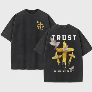 Brushstroke Golden Cross Flying White Doves Vintage Acid Wash Trust In God We Trust Calming Christian Faith Tee Oversized Washed Mini Cross & Dove Cluster Small Front Large Bold Trust Letter Multi Flyin  trendy streetwear shirt