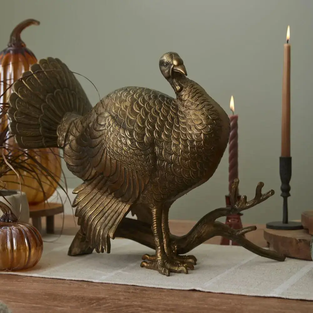 E+E Collection Antiqued Gold Turkey-Shape Table Centerpiece, Bronzed Merriam Turkey on Perched Branch, Recycled Rustic Decorative Fall Thanksgiving Home Festive Decoration