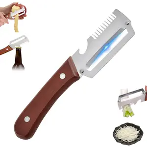 Multi-Functional Vegetable & Fruit Peeler for Kitchen, Stainless Steel Blade with Wooden Handle and Bottle Opener, Scallion Shredder, Kitchen Tool for Fruit Veggie