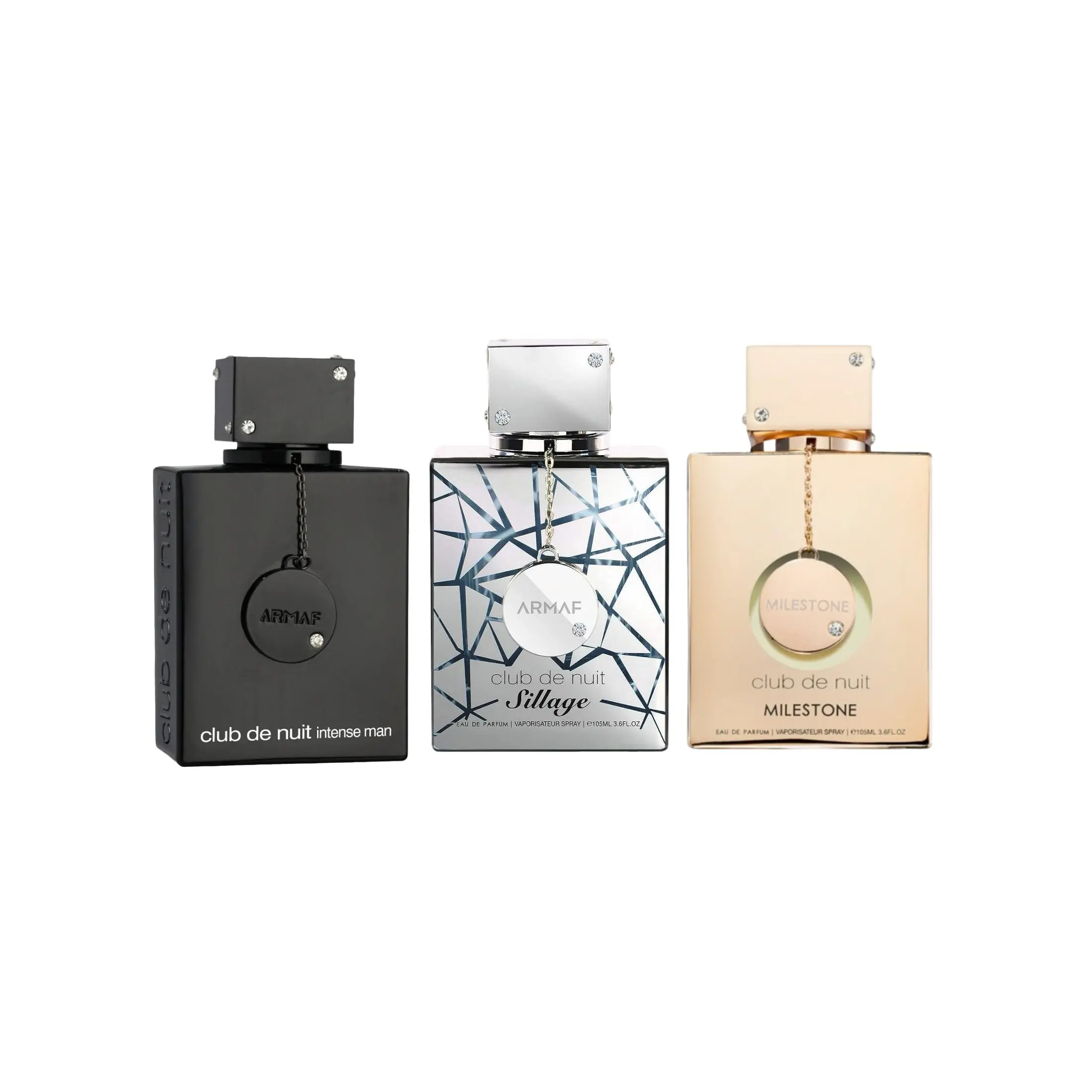Armaf Club De Nuit 3 Piece Gift Set - Intense Man, Sillage & Milestone Perfumes, Aromatic Floral Amber Eau de Parfum for Adults, 3 x 3.4oz Bottle, Fragrance Variety Pack, Woody, Bold Elegant Fragrance, Aromatic Iris Men's Fragrance