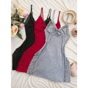 Nighty Lace Pajamas 3pcs Set Of Women's Sexy Lace Pajamas | Mix Solid Color, Lace Patchwork, Skirt Side Slit, Home Casual Nightdress