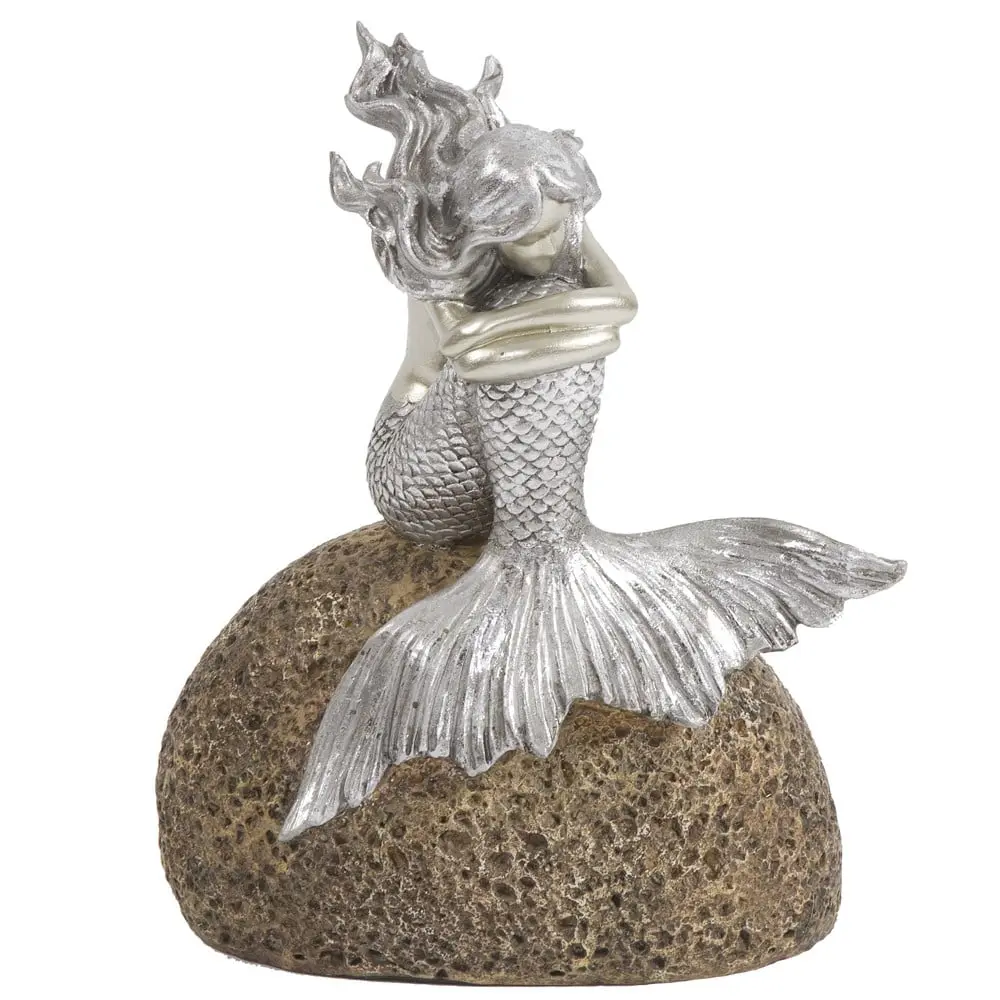 Silver Resin 360-Degree Stand Mermaid on a Rock Sculpture (10x8x5 in) - Home Decor Figurine, Tropical Room Decoration, Collectible Gift, Shiny, Collectible Figurines