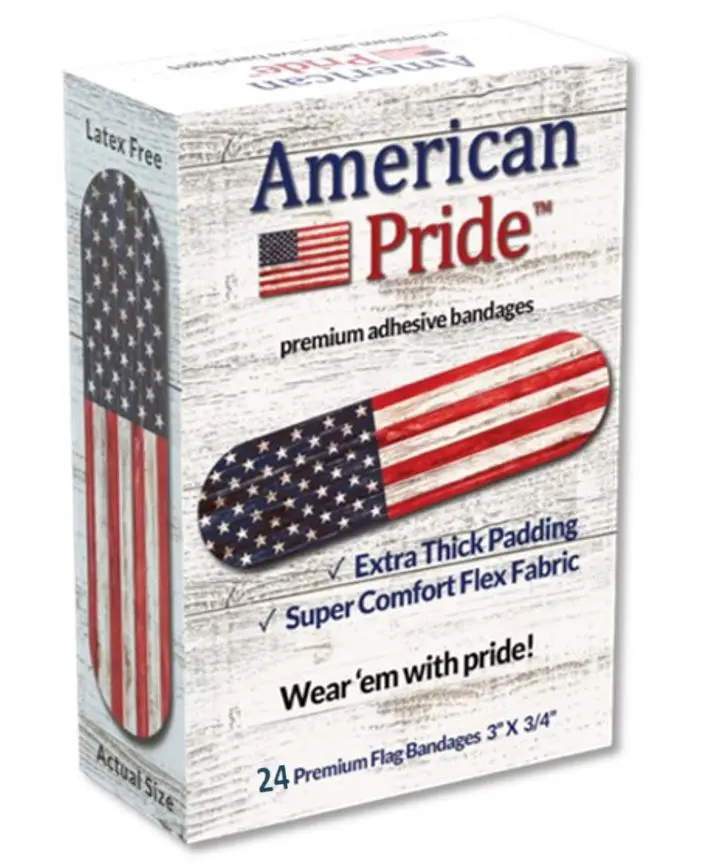 American Pride Premium Adhesive American Flag Fabric Bandages from Hug-a-BooBoo.  Strong and Comfortable Flex Fabric!  24 Ct