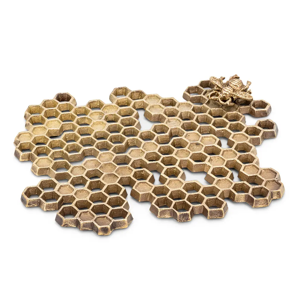 8.5 in. Honeycomb Trivet with Bee, Antique Brass