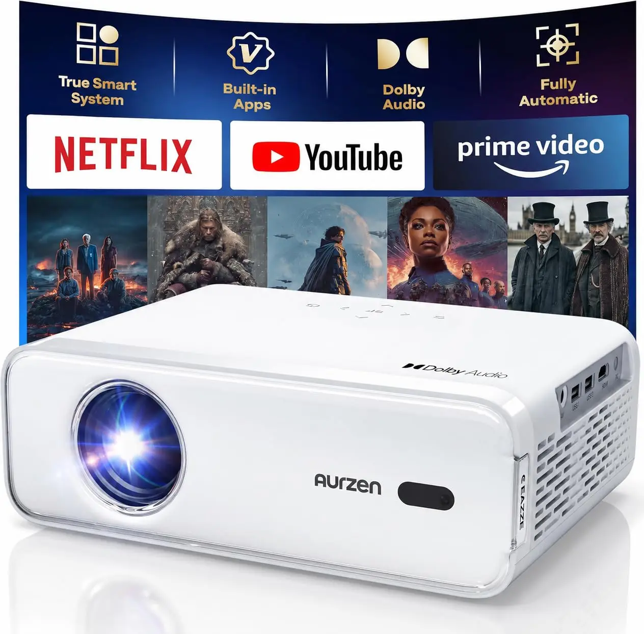 Aurzen EAZZE D1 Smart Projector with WiFi and Bluetooth, Built-in APP, Auto Focus/Keystone, DoIby Audio 16W Speakers, Native 1080P, HDR10, Portable Mini Outdoor Movie Projector