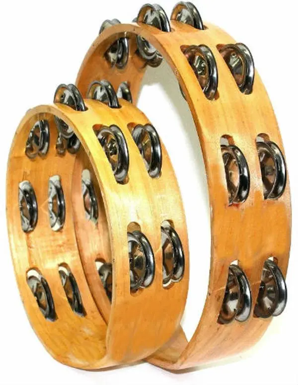 2-Piece Wooden Headless Tambourines - 10 & 8 inches, Double Row Steel Jingles, No Skin Heads, Percussion Instrument School Kids and Music Bands