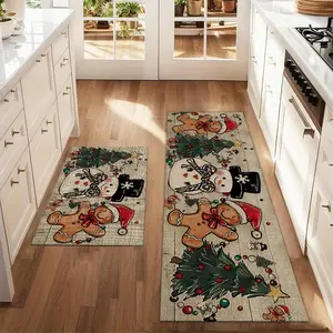 2Pcs Christmas Gingerbread Man Snowman Christmas Tree Floor Mat Set Farmhouse Kitchen Rug Dining Room Flooring Laundry Room Decor Carpet Mat, Home Decorative Rug