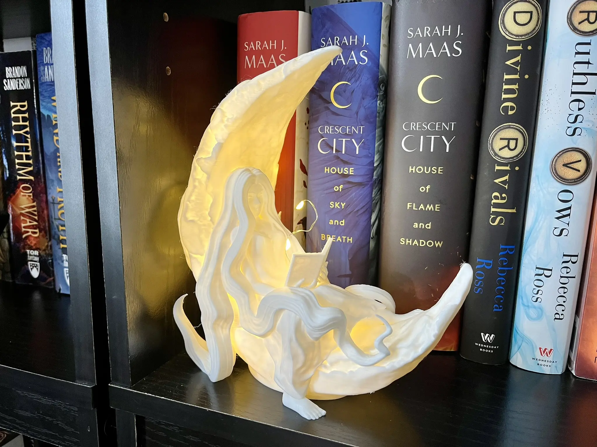Lunael's Dream Bookshelf Decor - Reading Moon Goddess Figure with Fairy String Lights - Illuminated 3D Printed Bookish Decor