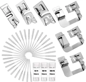 6 count Hemming Foot Kit - 3 count Narrow Rolled Hem Sewing Machine Presser Foot, 3 count Wide Hem Presser Foot and 30 count Sewing Machine , for Household Multi-Function Sewing Machines