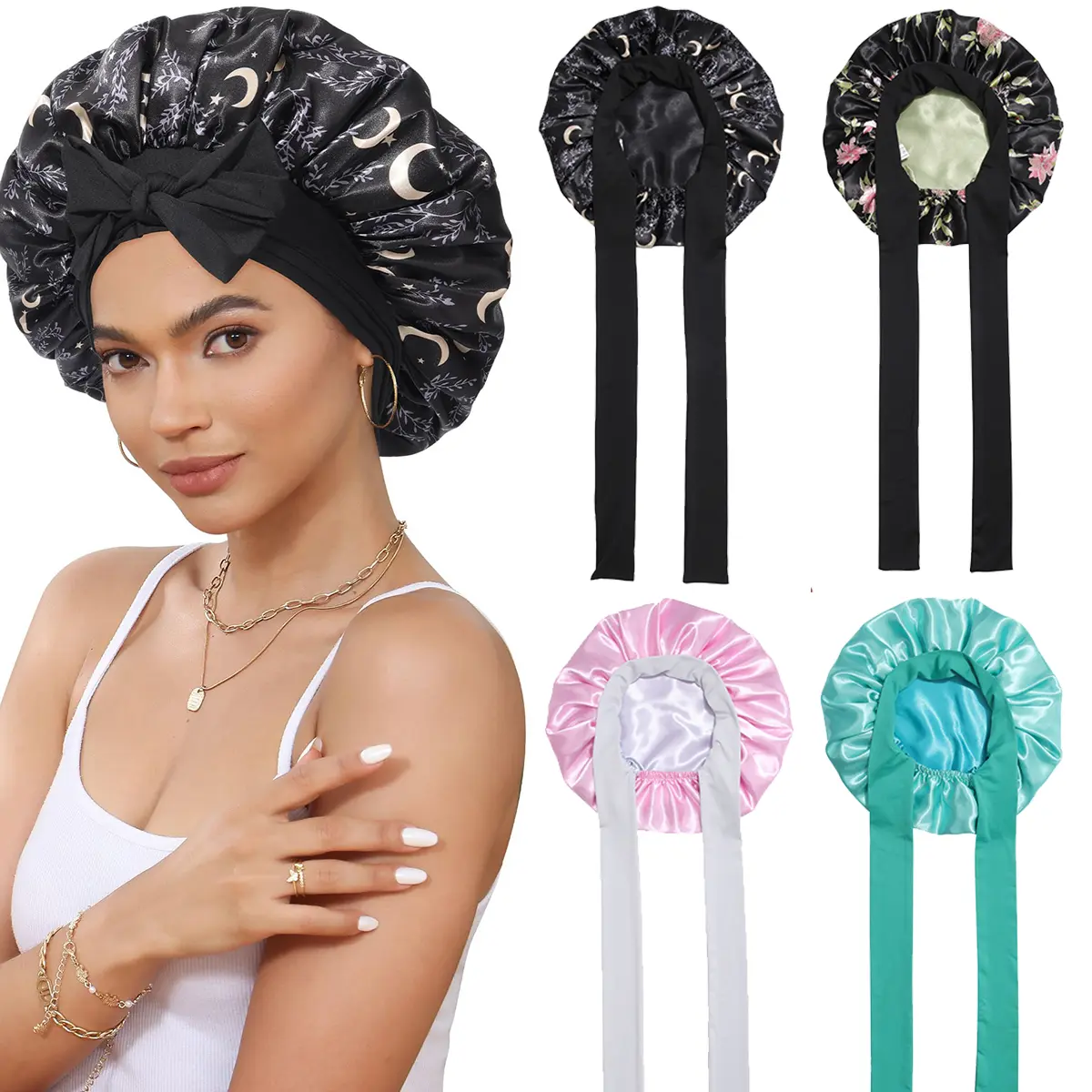 AWAYTR Reversible Satin Sleep Bonnet for Adults, Double Layer Haircare Cap with Stars and Moon Print and Adjustable Elastic Tie Band, Adjustable Satin Bonnet