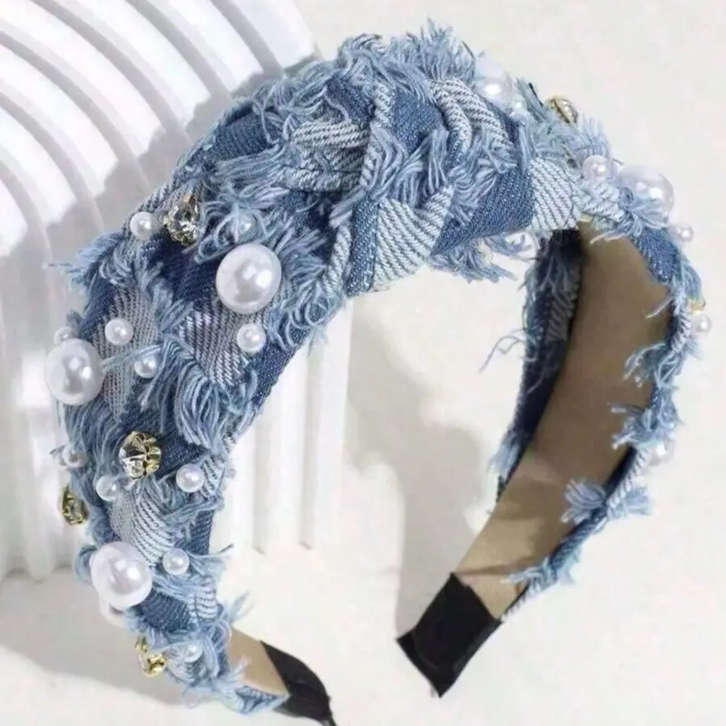 Pearl Bling Headband ~ Distressed Denim