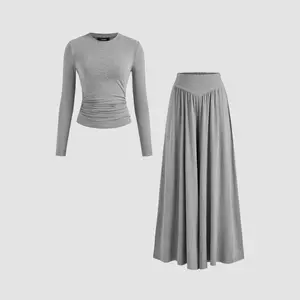 Cider [size 2-10] Round Neckline Solid Ruched Long Sleeve Top & Mid Rise Ruffle Hem Maxi Skirt Set