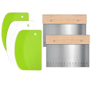 5pcs Kitchen Utensils Set - Stainless Steel Dough Scraper (2-Piece, Wooden Handle), PP Plastic Food Scraper (3-Piece, Hanging Hole) - Multipurpose Scale, Cutter for Pastry, Bread