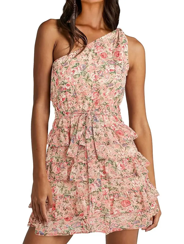 BTFBM Women One Shoulder Summer Dresses 2026 Floral Sundress High Waist Tiered A-Line Mini Beach Wedding Guest Dress #Outdoorfun
