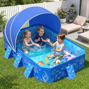 Kiddie Pool with Canopy for Toddlers, Foldable Baby Swimming Pool with UV Shade, Non-Inflatable Portable Kids Pool, Pop Up Toddler Splash Pool for Backyard, Beach & Outdoor Water Play, 53 x 40 x 33 Inch