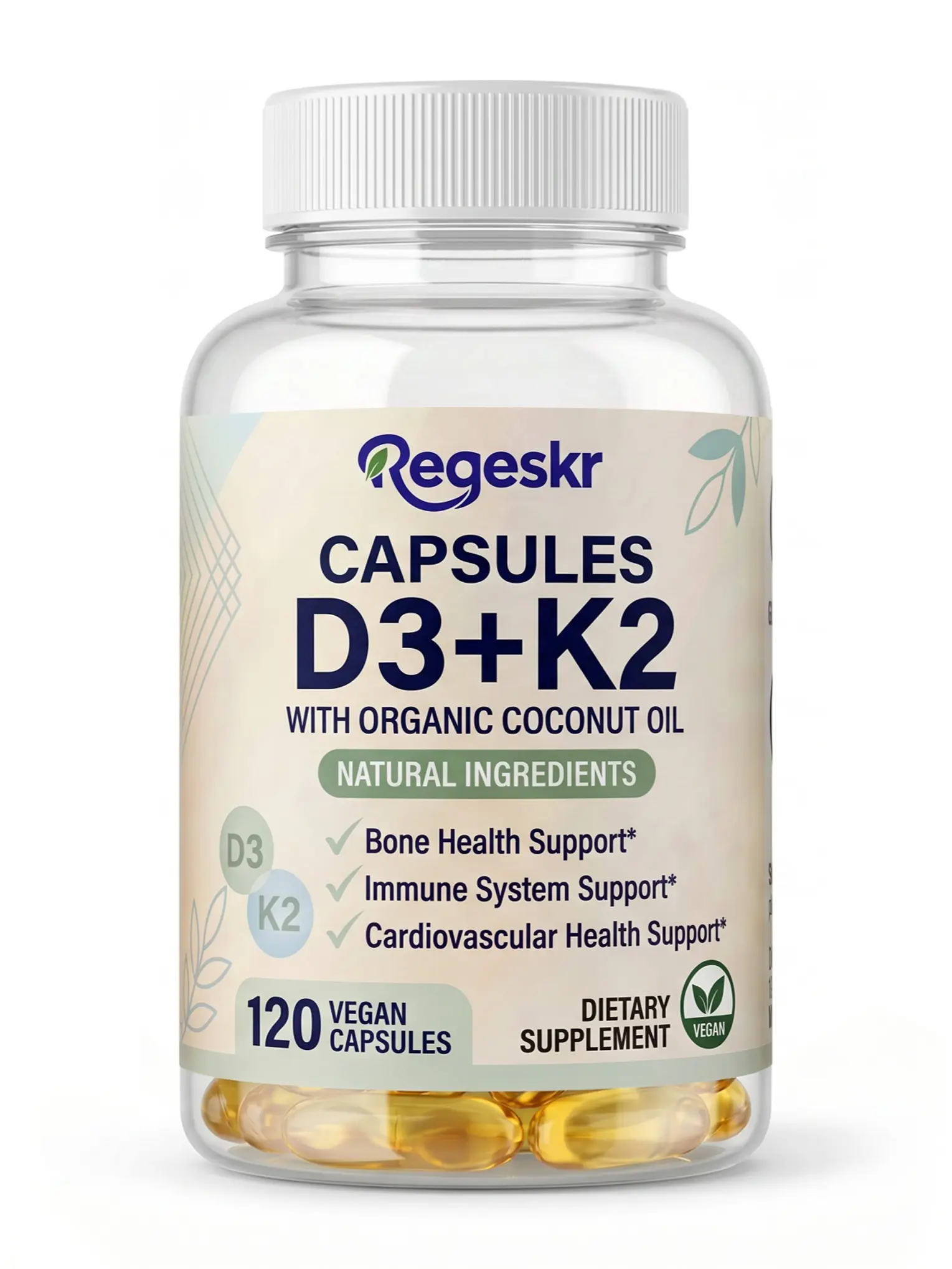 Regeskr Vitamin D3 5000 IU + K2 200mcg MK-7 with Organic Coconut Oil – Bone Health, Immune Support & Cardiovascular Wellness – Vegan Non-GMO Gluten-Free Softgels – 120 Capsules / 60-Day Supply
