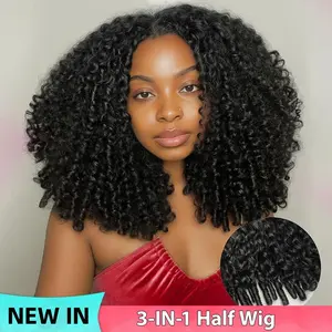 【New In】Lemoda Half Wig Human Hair Burmese Curly Wig for Women 200 Density 3 In 1 Seamless Flip Over Half Wigs Beginner Friendly Glueless Wigs Human Hair with Spiral End Natural Color summerwins