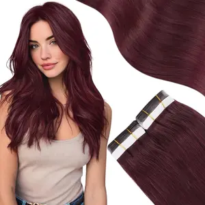 Burgundy Tape in Hair Extensions Human Hair#99J  Invisible Tape in Extensions Real Hair Wine Red Extensions Glue in Human Hair Seamless Extensions Straight 20pcs 50g 16-24 Inches