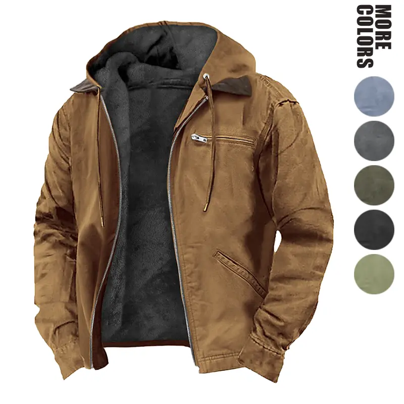 Men’s fleece-lined hooded canvas work jacket, zip-up removable collar, warm winter utility outerwear, casual trucker coat