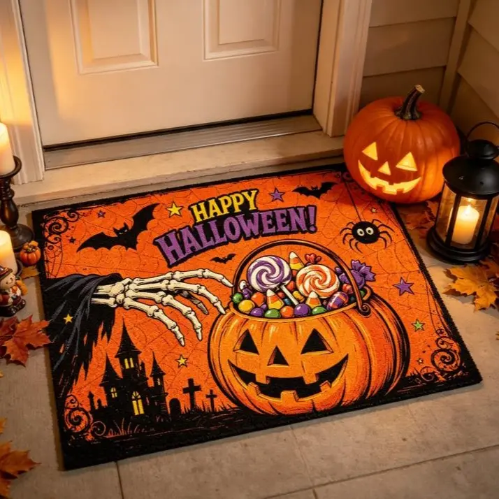 Happy Halloween Skeleton Hand Pumpkin Candy Bucket Welcome Mat, Non Slip Waterproof Front Door Doormat for Fall Spooky Porch Decor