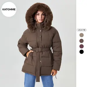 KatchMe Women's Versatile Solid Color Fluffy Hooded Zip-Up Belt Decor Cotton Coat, Cozy Outerwear Jacket for Fall & Winter, Classy Mid-Length Outfit(US/CN)