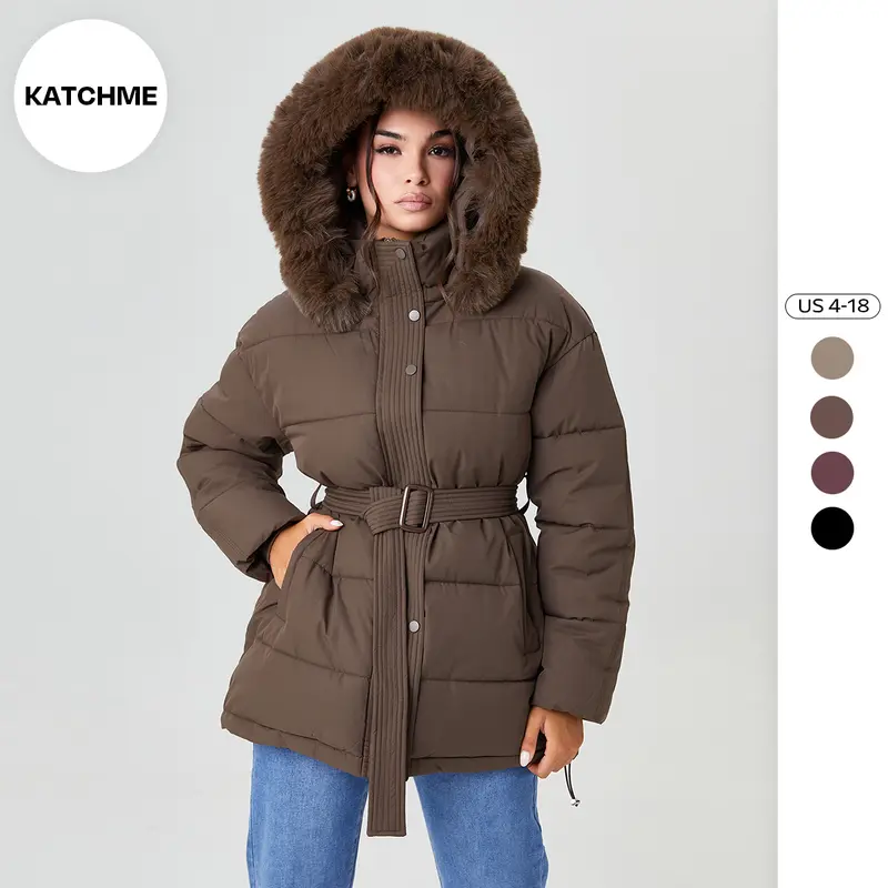 Katch Me Chic (US/CN)Women's Chic Solid Color Fluffy Hooded Zip-Up Belt Decor Cotton Coat, Cozy Outerwear Jacket for Fall & Winter, Classy Long Sleeve Womenswear