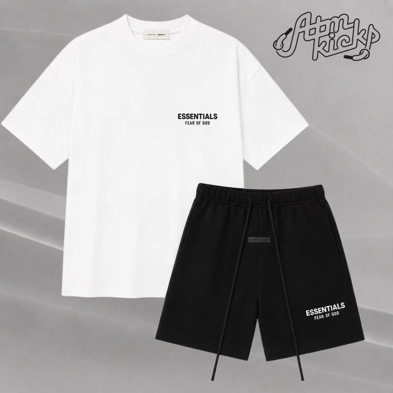 (Tee and Shorts) Fear of God Essentials T-shirt & Shorts SetStretch Jet Black/Bright White OVER SIZE Casual Wear Comfortable FitSimple Design Versatile Everyday Wear Menswear TopsCrewneck ShortSleeve Light