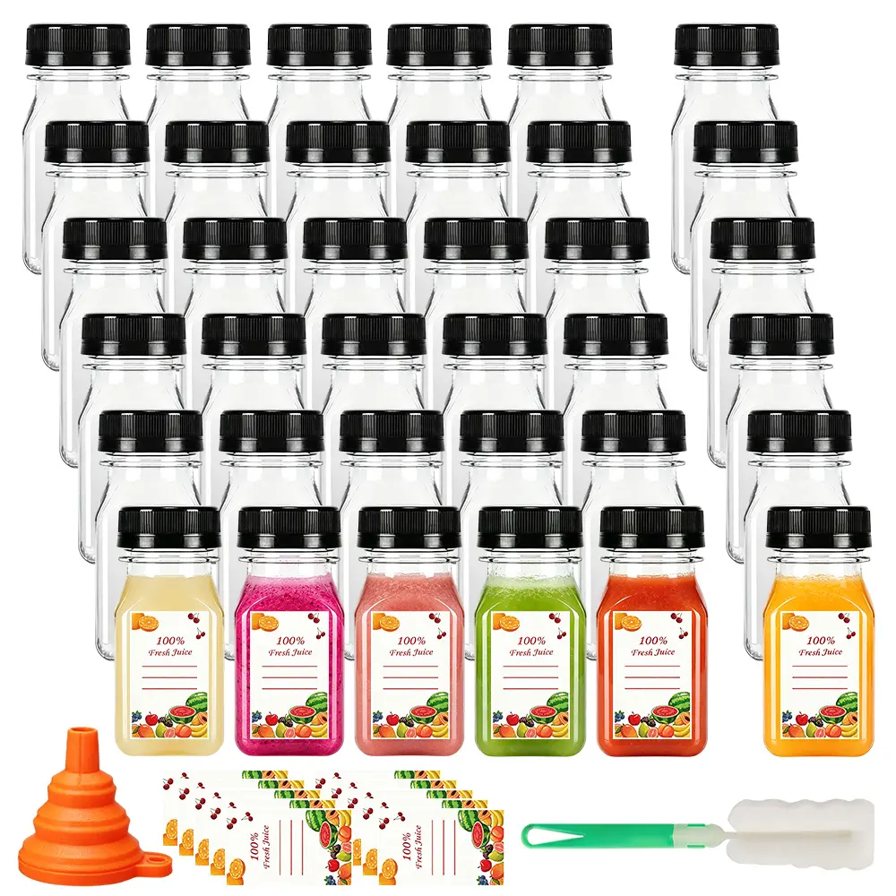 36PCS 4oz Small Plastic Juice Bottles with Caps, Empty Reusable Clear Bulk Beverage Containers for Juice, Milk and Other Beverages, Suitable for Christmas Parties