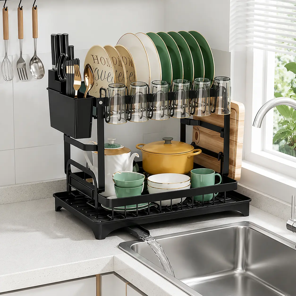 2-Tier Dish Drying Rack for Kitchen Counter & Sink, Stainless Steel Dish Drainer with Drainboard and Utensil Holder, Space-Saving Kitchen Storage Organizer for Small Apartment Home
