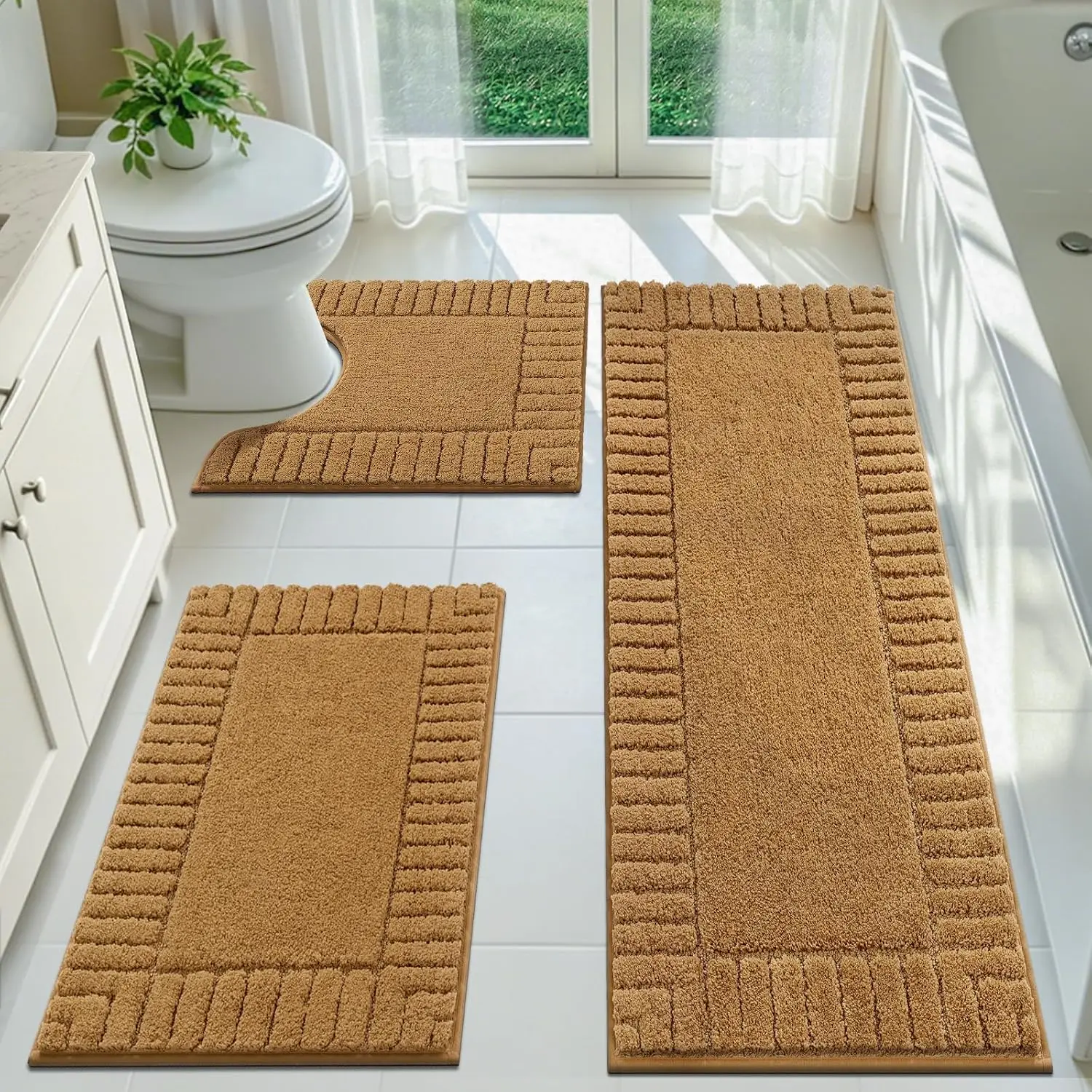 [SeptemberStockUp] HEBE Washable Bath Mat Set of 3 Piece Bathroom Shower Rugs with U-Shaped Contour Toilet Mat Absorbent Microfiber Plush Bath Mats Non Slip Bath Rugs Machine Washable Shaggy Bath Mat Set summerwins