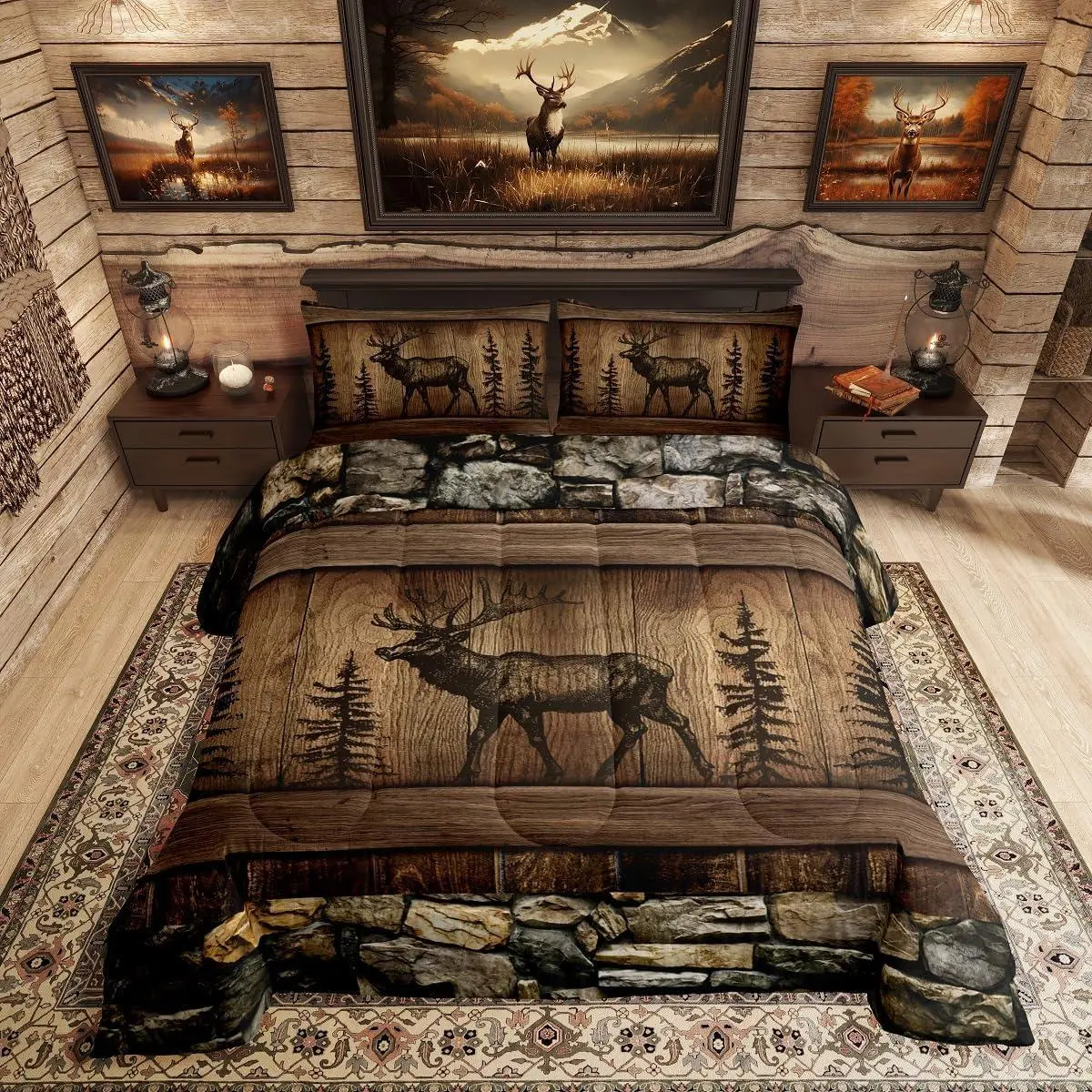 Feelyou Deer & Moose Animals Decorative Bedding Set - Rustic Cabin Lodge Household Duvets, Kids' Woodland Hunting Themed Linens, Dorm Room Plush Character Bedding Sets