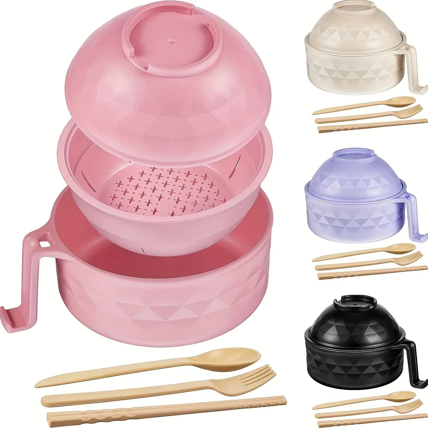 Sebastian CADIA 4PCS Thick Pink Round Plastic Ramen Bowl Dinnerware Set - Sturdy, Food-Safe, Microwave-Safe, Eco-Friendly, Modern Noodle Bowls with 2 Spoons, 2 Forks Cutlery Utensils for Apartments, College Dorms, Tableware