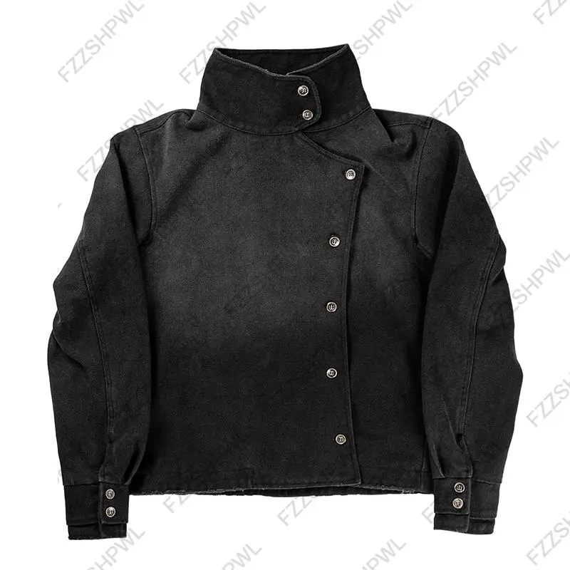 Y2k Fencing Jacket Vintage Wash Gradient Irregular Buttons Unisex Jacket Gothic Harajuku Streetwear Canvas Cotton Casual Jacket