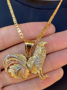 Chicken Rooster Necklace Animals Pendant Charm CZ For Mens 24" 14K Gold Plated Fashion Jewelry Gifts Unique Accessory Cubic Zirconia