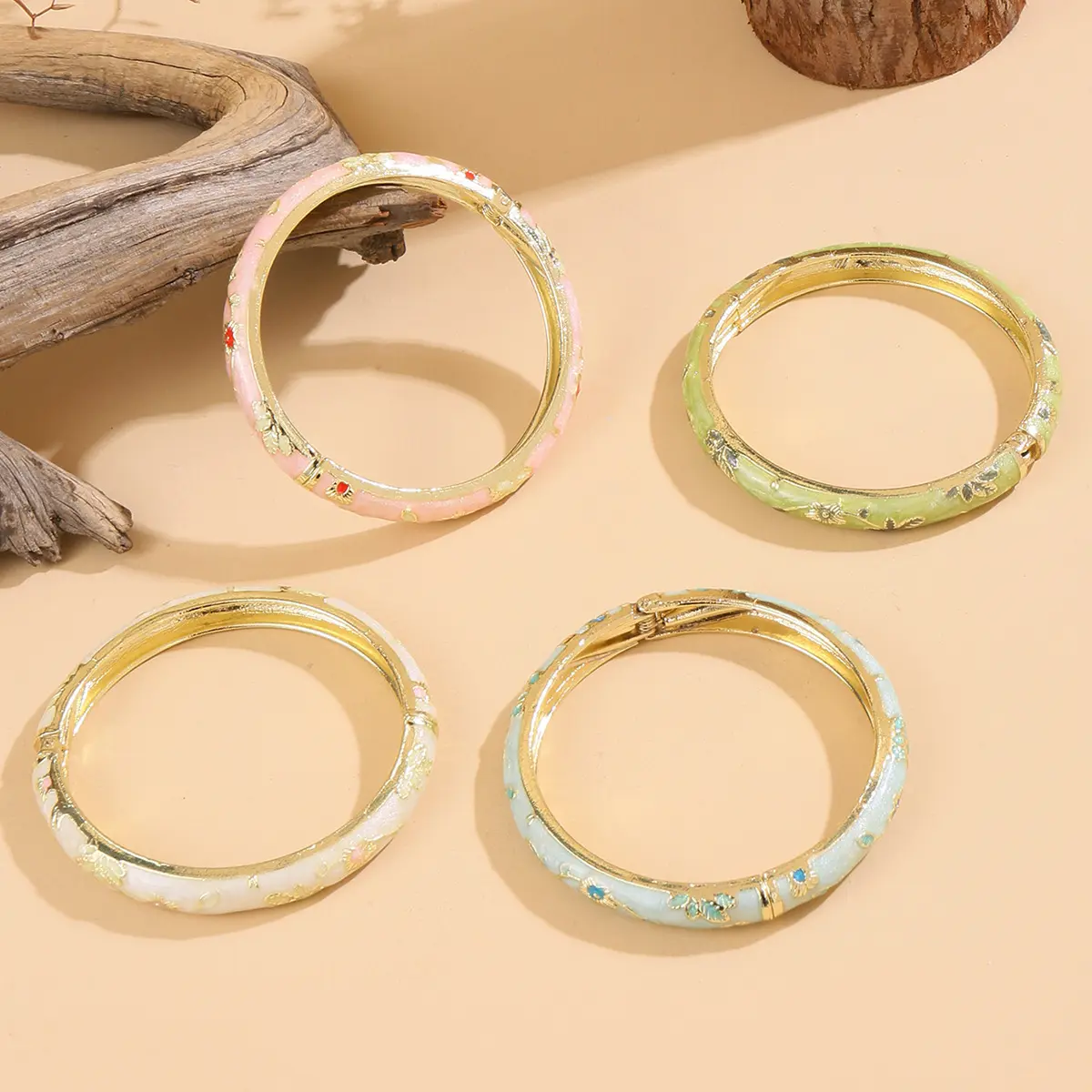 Chinese Style Cloisonne Enamel Floral Bangle Bracelet for Women, Pastel Dainty Flower Gold Hinged Cuff, Vintage Spring Daily Oriental Wrist Jewelry