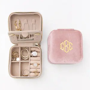 ML Marleylilly Monogrammed Travel Jewelry Organizer - Personalized Velvet Case with Mirror & Holder - 4"x4"x2" - Ivory or Blush - Compact & Elegant