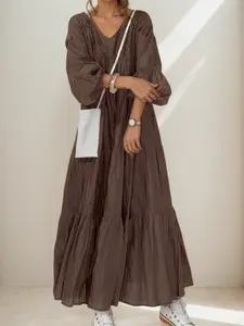 Fashion Women's Loose Casual V-Neck Long Dress, Fall & Winter Plain Design, Long Sleeve, Relaxed Fit, Perfect for Daily Wear