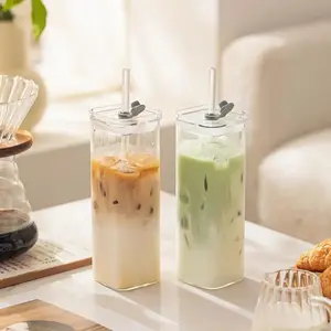1/2pcs Square Glass Tumbler Cups with Lids 17oz Perfect Coffee Cups Include Straws Gift for Cup Collectors Great for Office Home School Outdoor Use Weddings BPA-Free Drinkware Reusable Portable