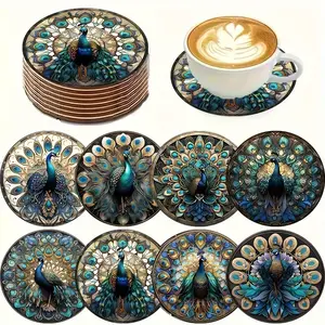 2D flat, 8-piece sapphire peacock themed wooden round coaster set, beverage insulation pad, suitable for home, coffee shop, afternoon tea, interior decoration, holiday room decoration, excellent gift creativity for parties