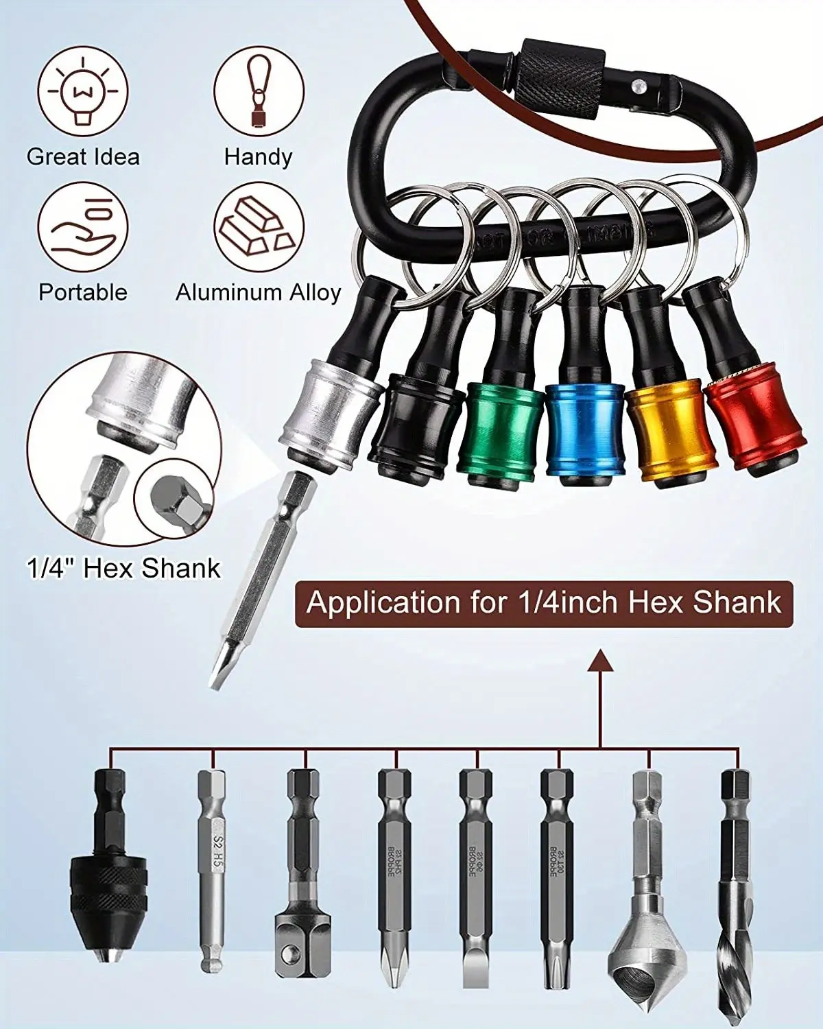 Quick-Change Screwdriver Bits Holder Extension Bar Keychain - Aluminum Alloy Drill Bit Swap Adapter with Pull-Out Bushing, Lightweight Portable Hand Tool Hardware Accessory, Black Carabiner Clip