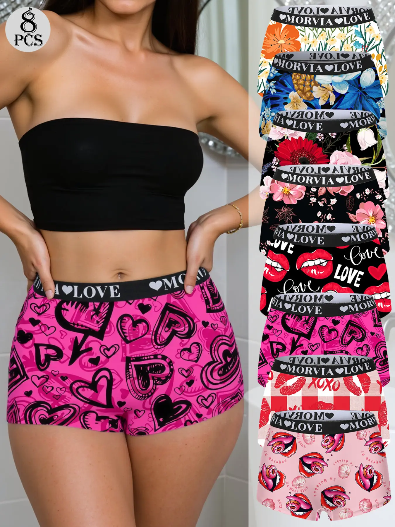 Morvia 8pcs Women's Pop Art & Realistic Floral Boyshorts, Soft Cozy Lounge Shorts for Yoga, Sleep & Loungewear, Chic Elegant All Season Wear Underwear, Elastic Shorts Loungewear