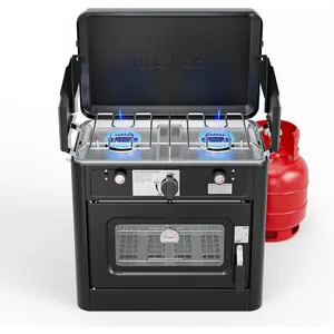 ROVSUN 2-in-1 Portable Camping Stove & Propane Oven with Piezo Igniter, 2 Burner Stove & Outdoor Oven with Adjustable Fire, Thermometer, Wind Panel & Regulator for Traveling, Tailgating (Black)