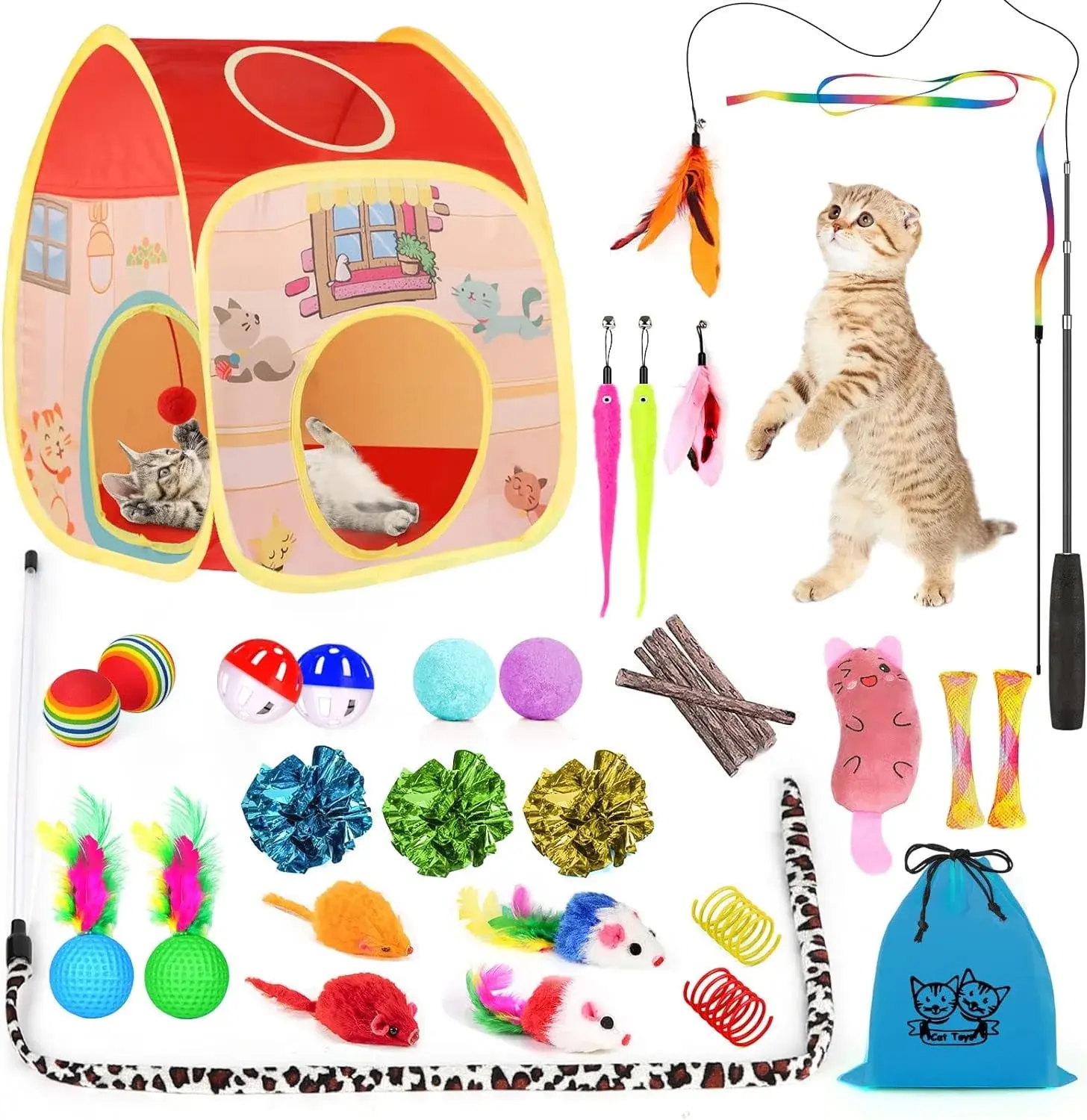 TAIMASI 34Pcs Cat Toys Kitten Toys, Interactive Kitty Toys with Collapsible Cat Tunnels Tent, Cat Wand Catnip Feather Teaser Taimasi