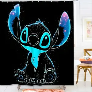 DISNEY CLASSIC Glow-in-the-Dark Stitch Shower Curtain, Waterproof Polyester Bathroom Decor with 12 Hooks
