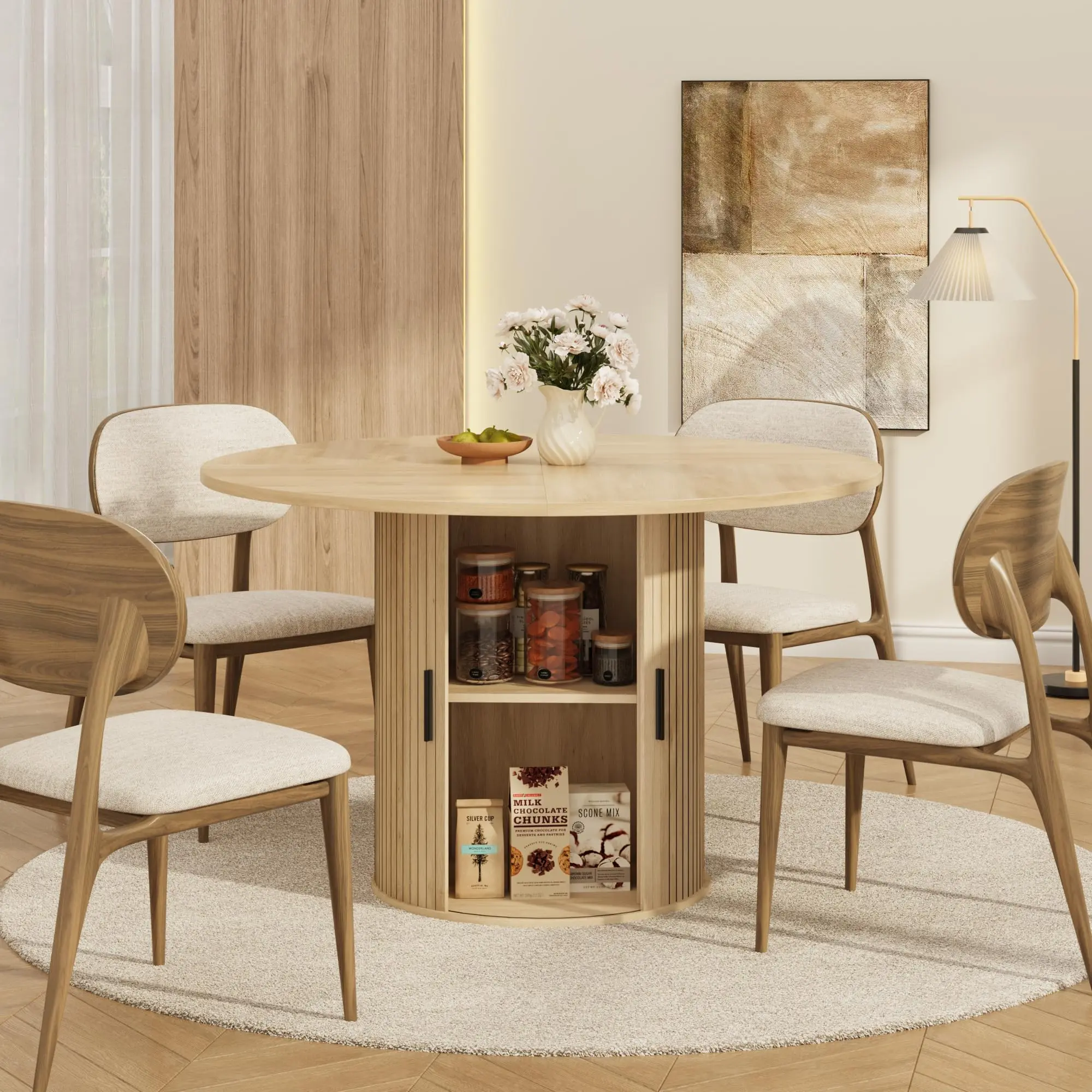 Garvee 47'' Round Dining Table with Hidden Storage for 4, Kitchen Dining Room Circle Dinner Pedestal Table with Slide Door Shelf, Space Saving Wood Furniture for Small Spaces, Dining Room, Natural