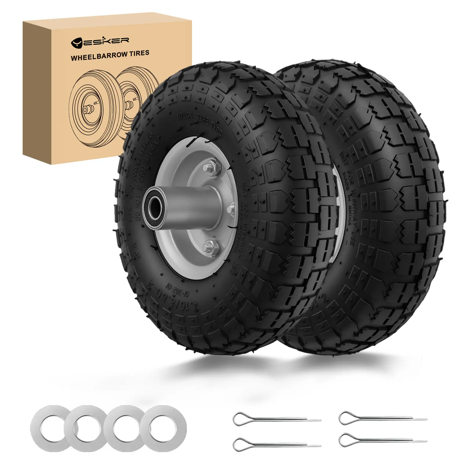 Yesker 4.10/3.50-4" Pneumatic Tires and Wheels Replacement, 10" Air-Inflated Tire Wheel with 5/8" Axle Bore for Wheelbarrow, Gorilla Cart, 2 Pack (Father's Day Gift)