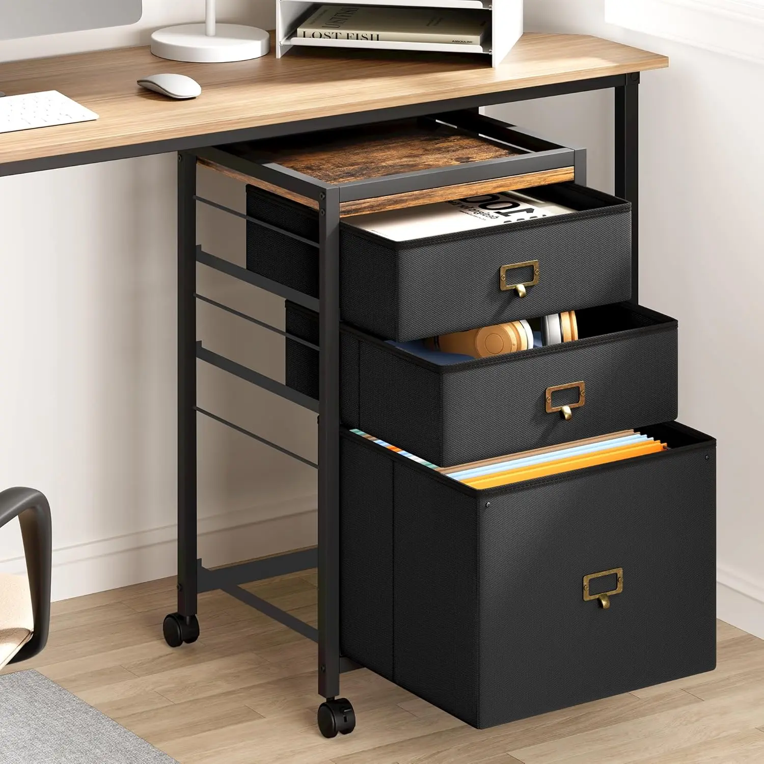 Garvee Compact 3-Drawer Mobile Filing Cabinet - Stylish Fabric Storage Solution with Wheels & Legs, Black Indoor Furniture for Bedroom