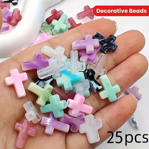 25pcs Random Color Acrylic Cross Beads and Accessories, DIY Jewelry Making Supplies, Handmade Necklace Bracelet Keychain Components, Mixed Beads, Beads For Bracelets, Diy Beading Supplies